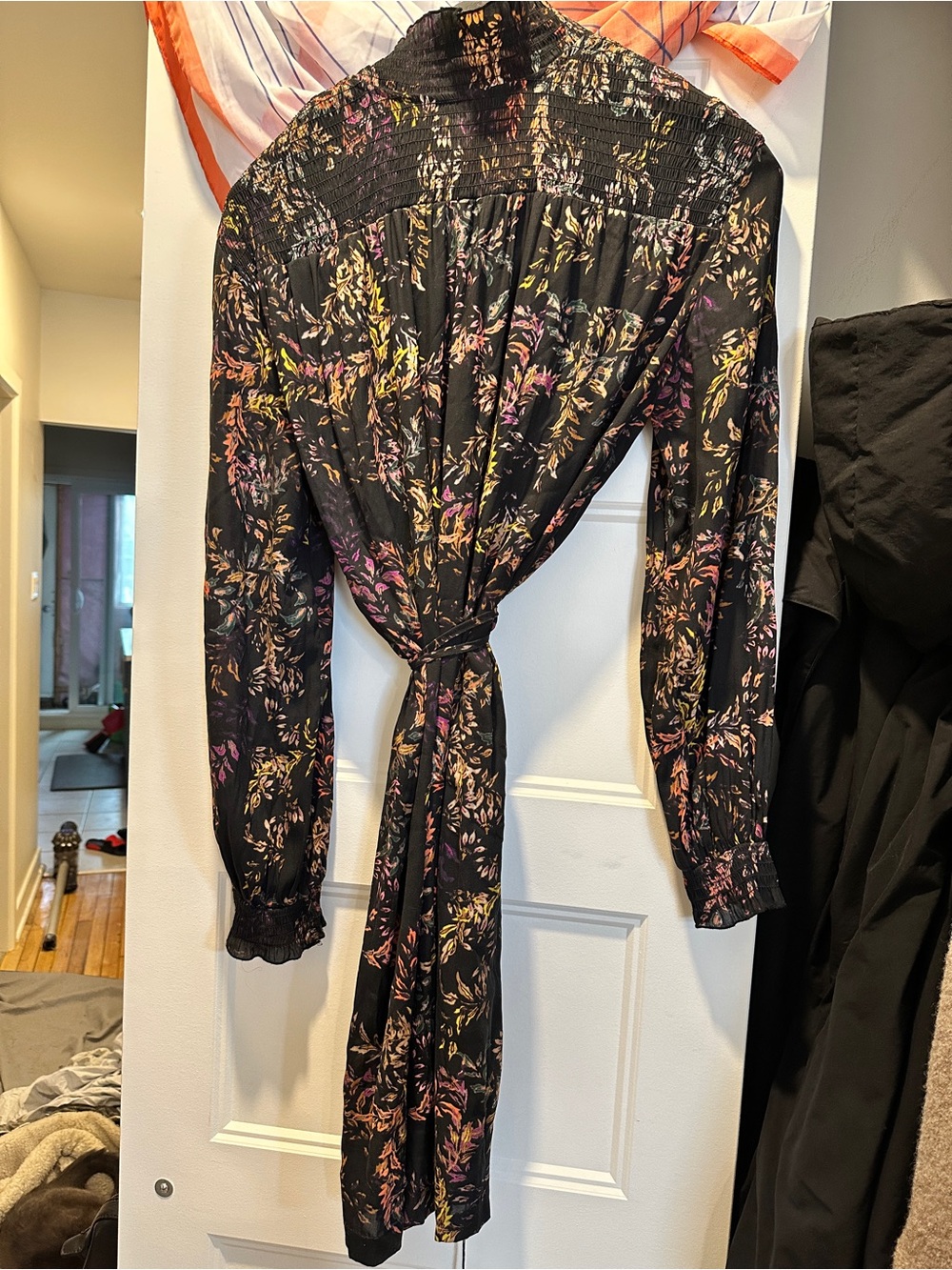 Navy Blue  Floral Tie-Back Long Sleeve Dress